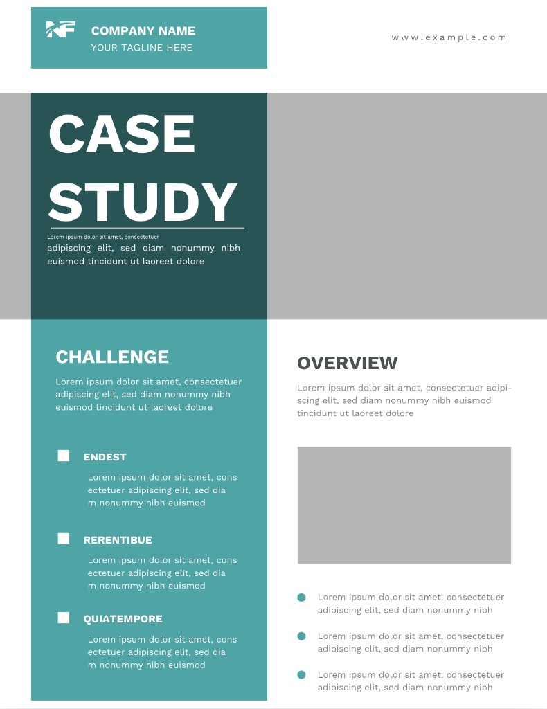 Canva template preview: a teal case study flyer with challenge and overview columns