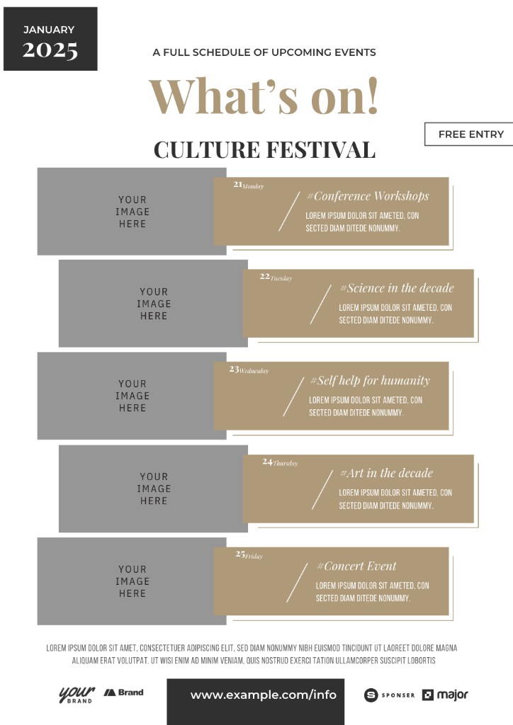 Canva template preview: a tan and gray events schedule flyer with dated rows and image placeholders