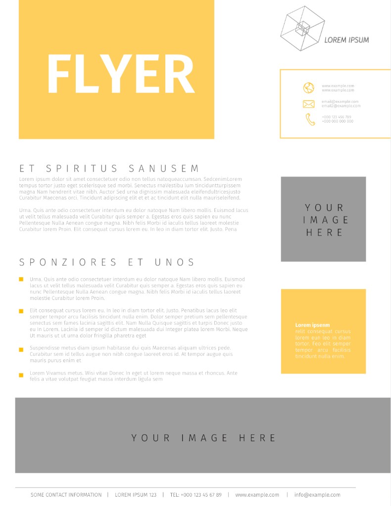 Canva template preview: a clean white flyer with a bold yellow headline block and two-column text layout