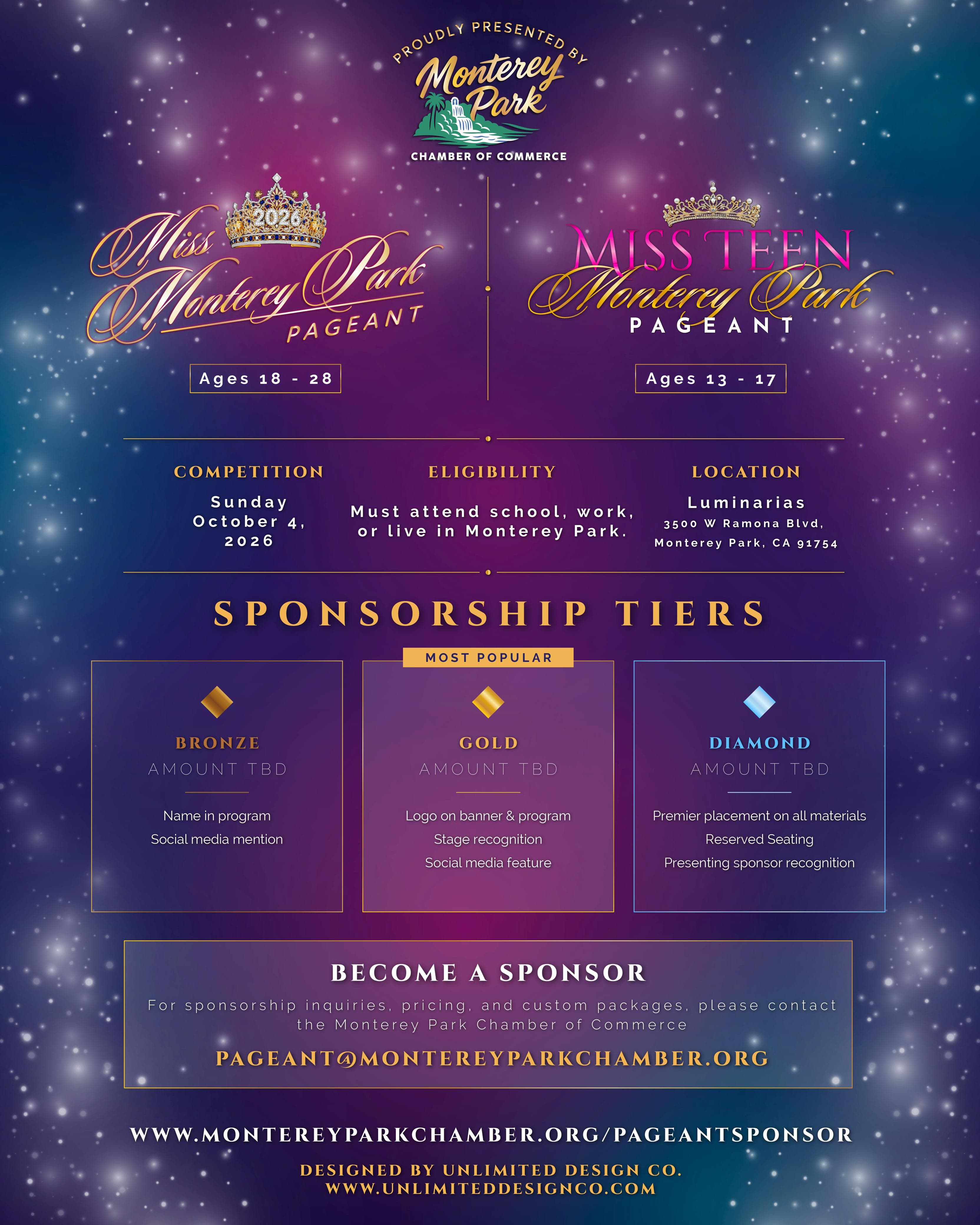 Promotional flyer for the Miss Monterey Park and Miss Teen Monterey Park pageants, including sponsorship tiers and event details