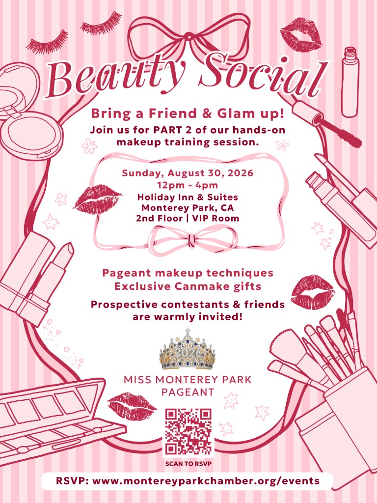 Miss Monterey Park Pageant Beauty Social flyer — Sunday August 30, 12–4 PM at the Holiday Inn & Suites, Monterey Park