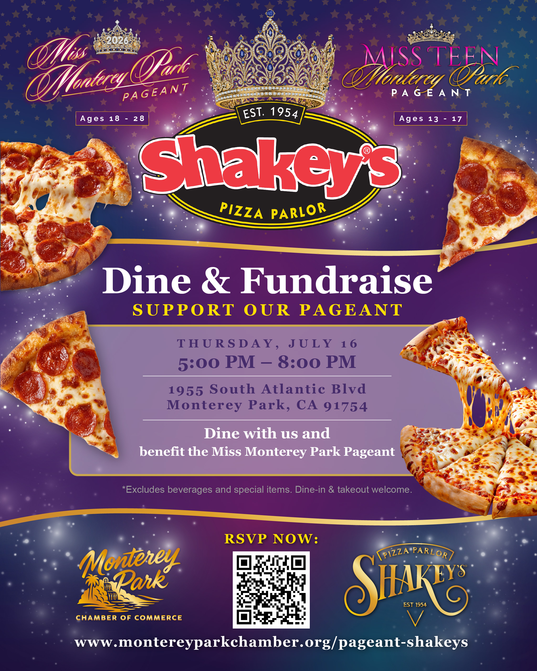 Miss Monterey Park Pageant Shakey's Dine & Fundraise flyer — Thursday July 16, 5–8 PM at 1955 South Atlantic Blvd, Monterey Park