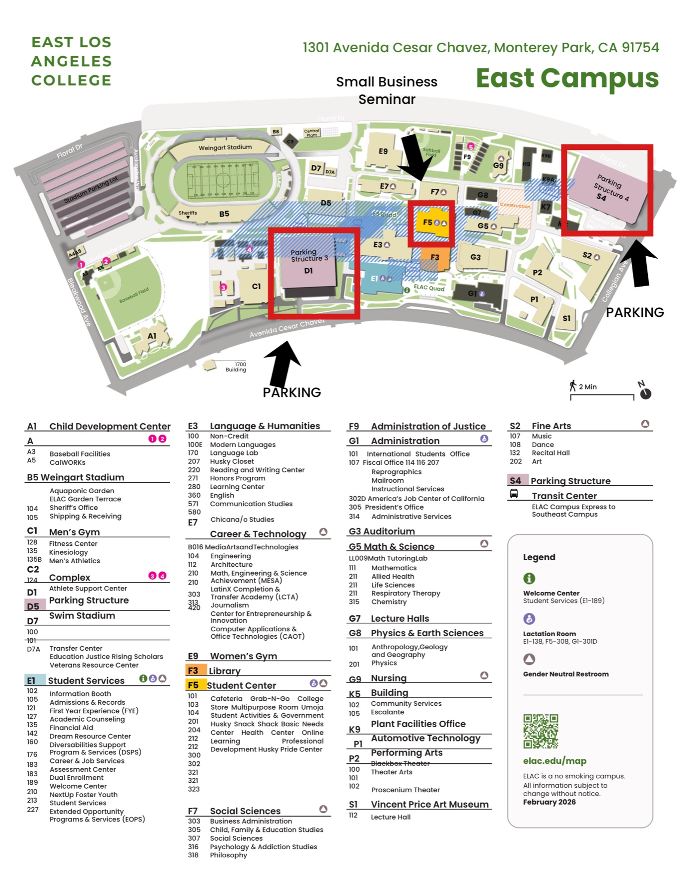 ELAC East Campus map highlighting Building F5 and Parking Garage 4 for the Small Business Seminar